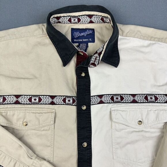 VTG Wrangler Aztec Western Snap Shirt Mens XL Color Block Cotton Twill Faded*